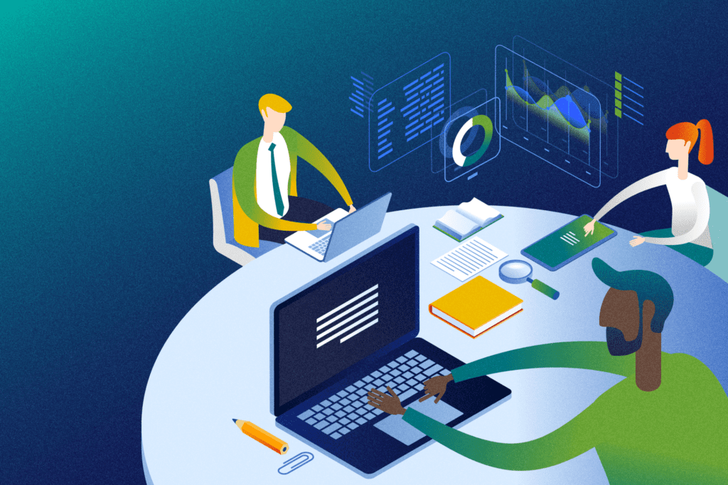 A group of people working on their laptops at a table, creating a 'good' infographic using a free template.